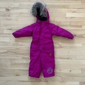 Minymo Pink Snowsuit | 12 Months | Faux Fur Hood | Winter One-Piece